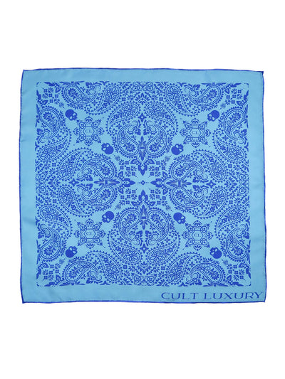 Baby Blue Silk Bandana 55 by Cult Luxury in soft baby blue with intricate detailing, crafted in 100% silk.