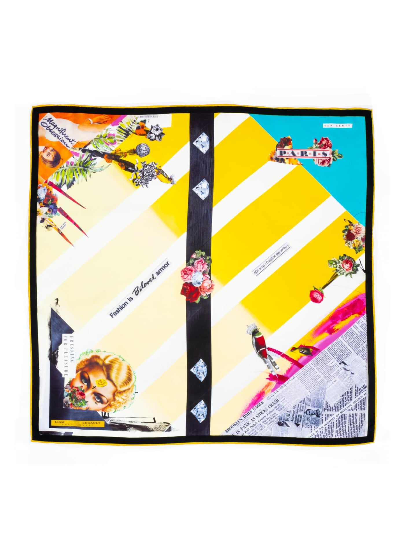 Beloved Armor 65 silk scarf by Cult Luxury with intricate designs and sharp yellow contrasts, hand-rolled and made from 100% silk.