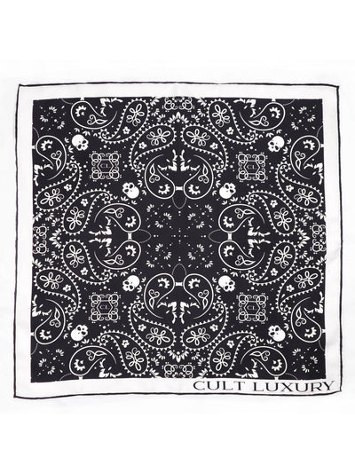 Black Silk Bandana 55 by Cult Luxury showcasing refined details in sleek black and white, made from premium silk