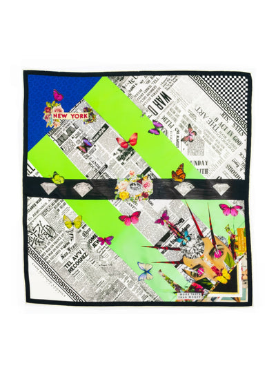 Butterfly Season 2 silk scarf by Cult Luxury blending playful butterfly imagery with bold newspaper textures, crafted in 100% silk.