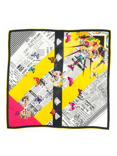 Butterfly Season 65 silk scarf by Cult Luxury featuring whimsical butterfly motifs and a collage-style layout in vibrant silk.