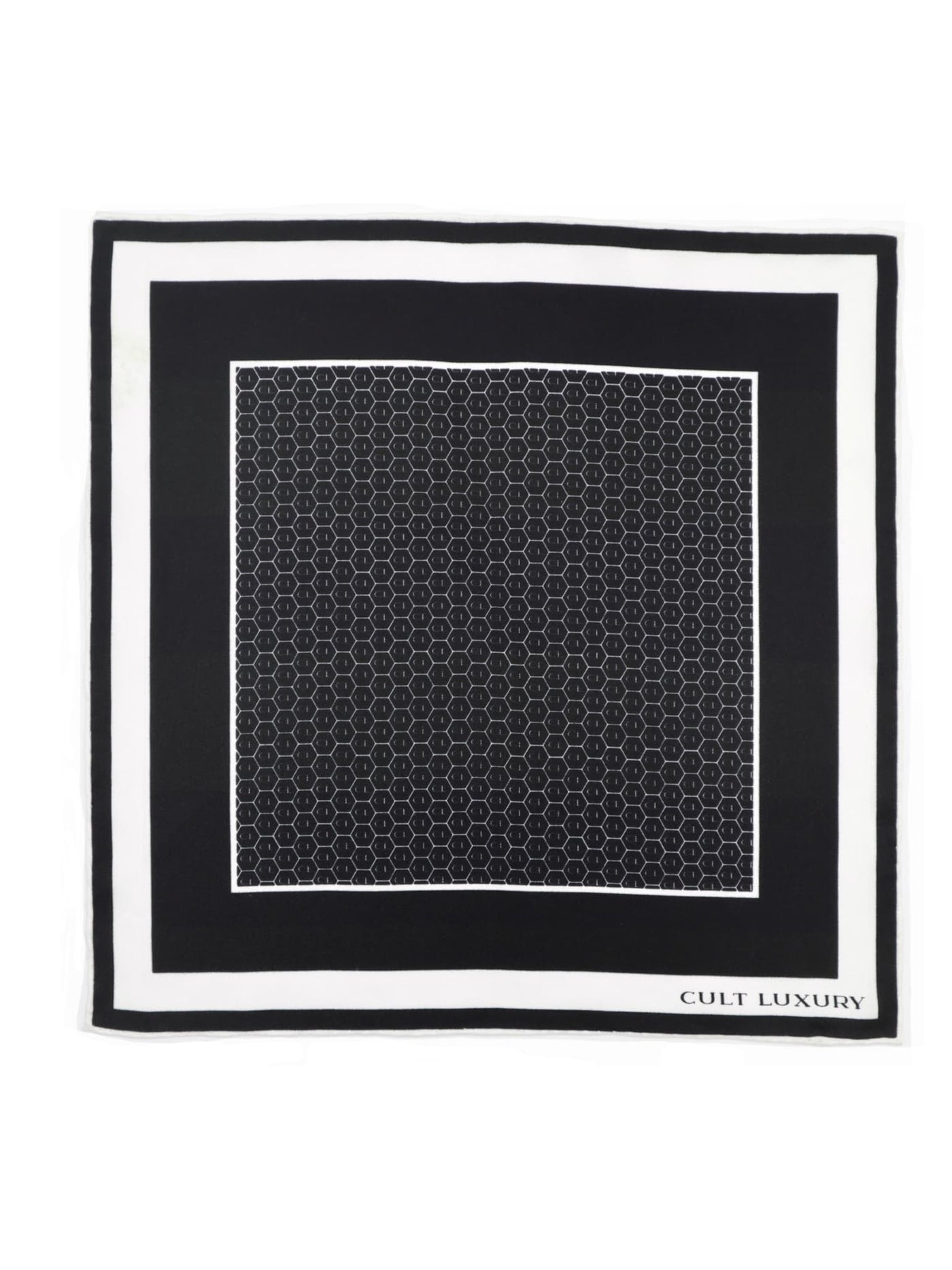 Black silk pocket square with Cult Luxury monogram pattern, crafted from premium silk twill for a refined and luxurious touch.