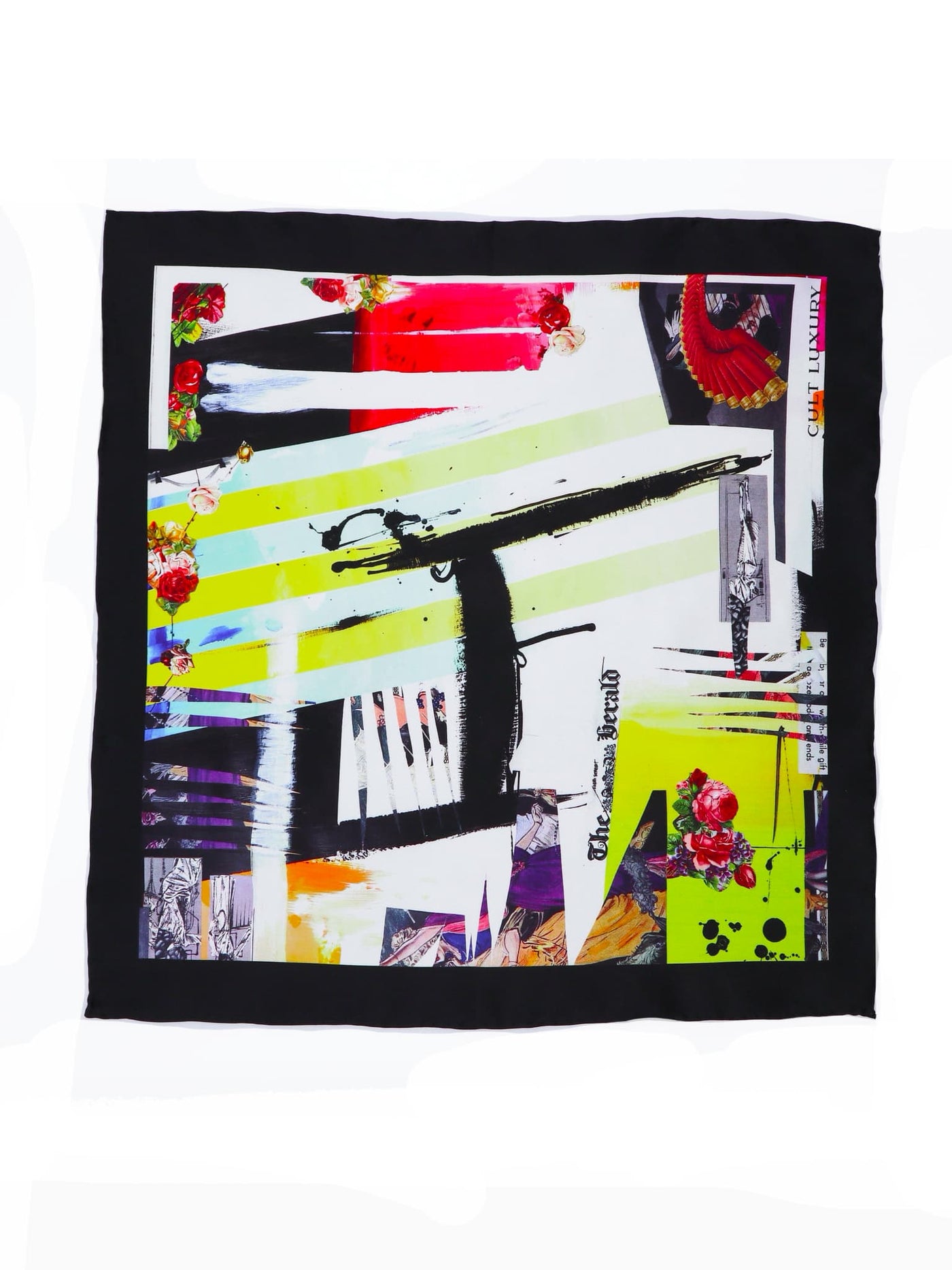 Artistic silk pocket square by Cult Luxury, featuring bold Herald print and vibrant colors, made from premium silk twill.