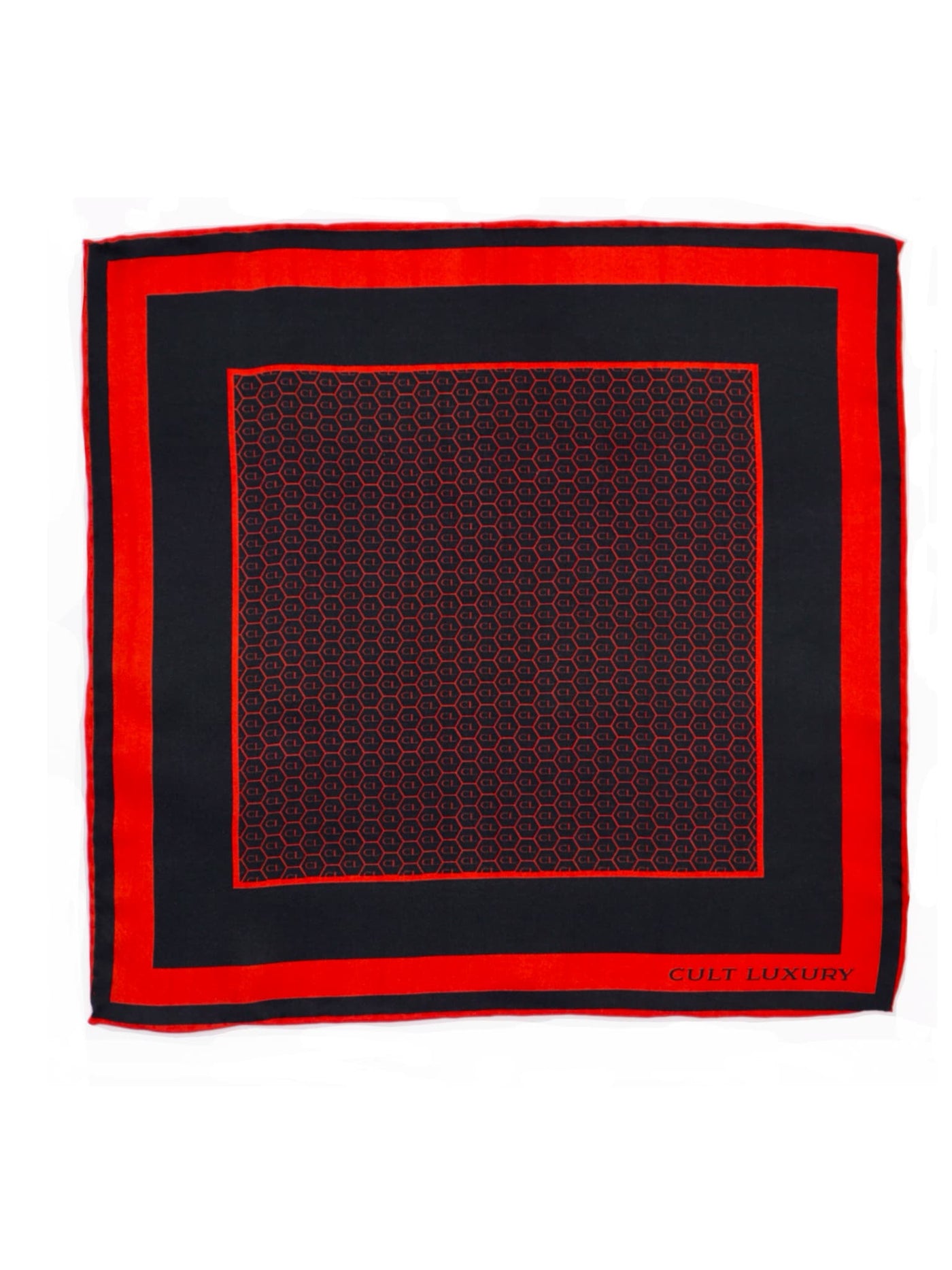 Red silk pocket square with a classic monogram design by Cult Luxury, crafted from smooth silk twill for a luxurious finish.