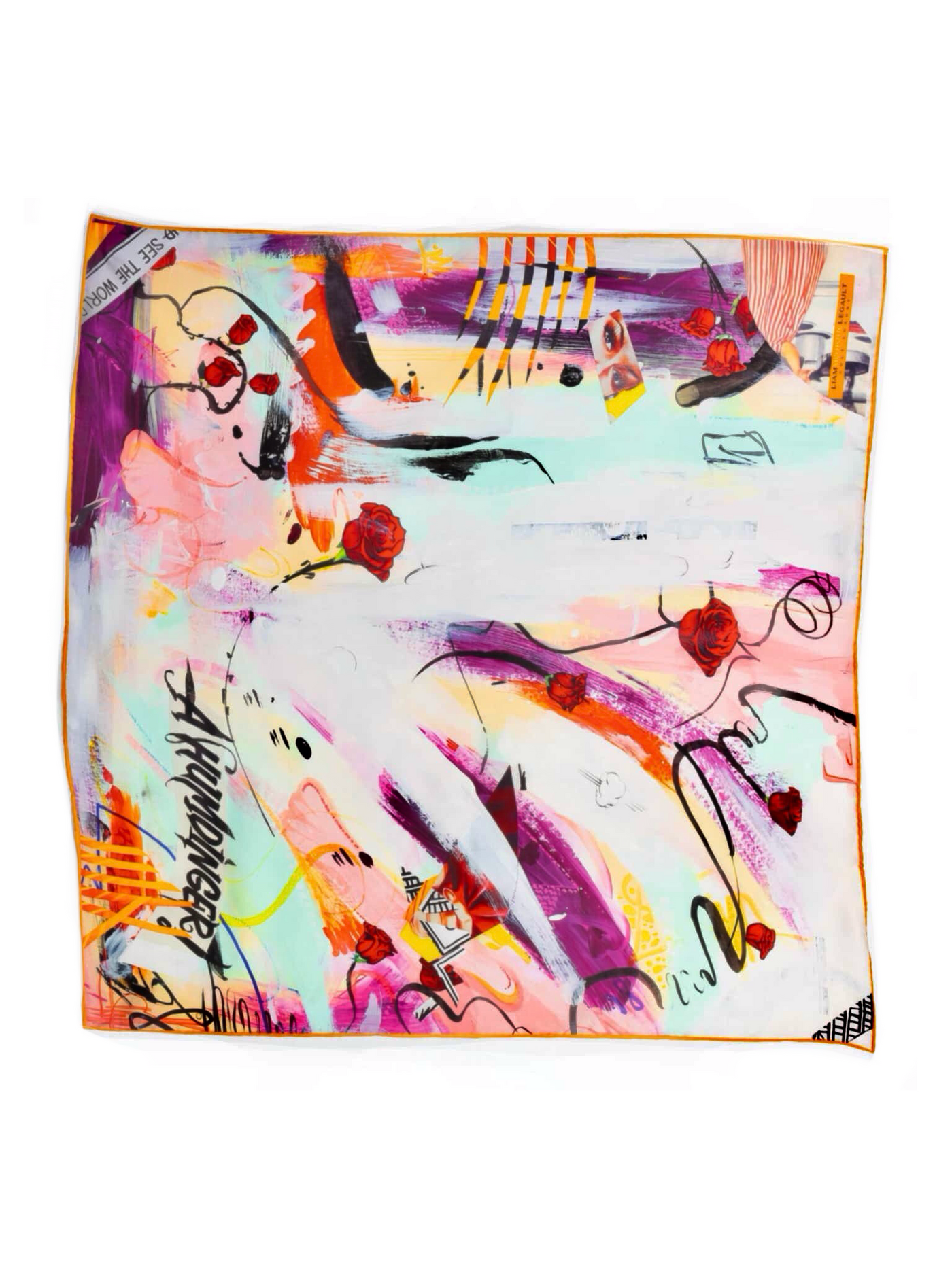 Humdinger 65 silk scarf by Cult Luxury showcasing an artistic fusion of bright color splashes and abstract design in luxurious silk.