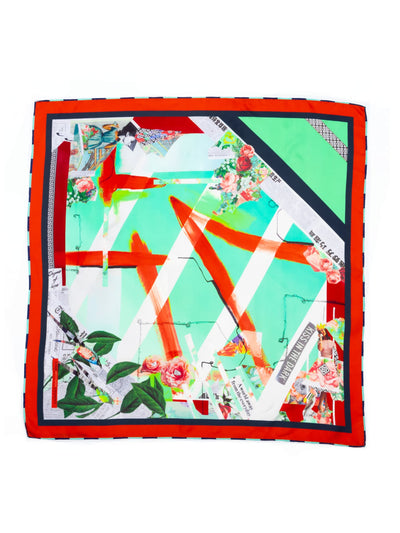 Kiss in the Dark 2 silk scarf by Cult Luxury showcasing bold red tones, geometric patterns, and rebellious artistry, crafted in 100% silk.