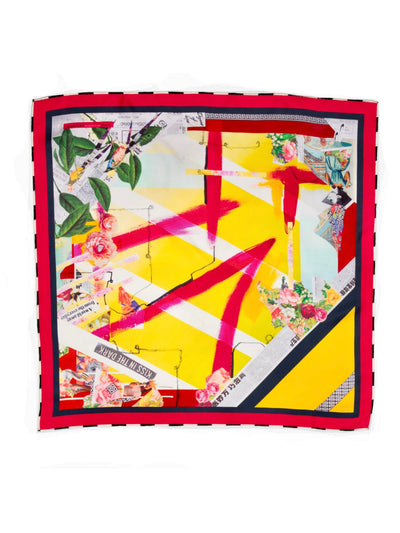 Kiss in the Dark 65 silk scarf by Cult Luxury with vibrant hues, dynamic patterns, and striking red accents in premium silk.