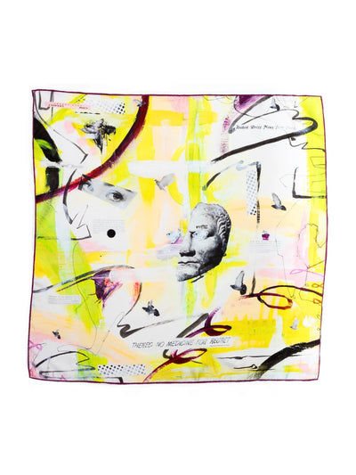 Medicine for Regret 65 silk scarf by Cult Luxury presenting pastel shades and expressive abstract patterns in premium silk fabric.