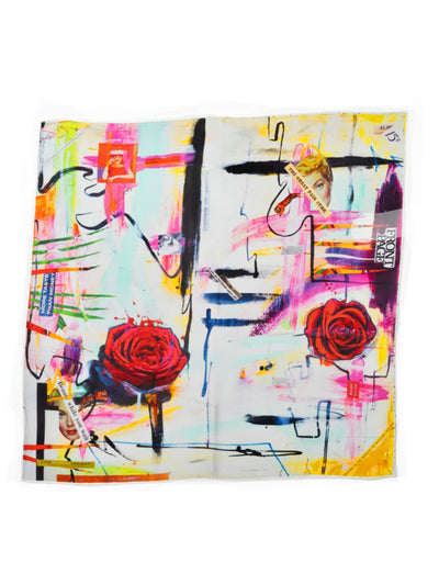 More Taste Than Money 65 silk scarf by Cult Luxury featuring vibrant colors and abstract collage art, a luxurious 100% silk accessory.