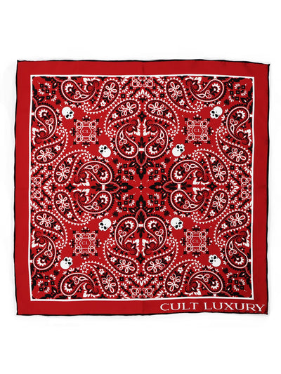 Red Silk Bandana 55 by Cult Luxury featuring intricate patterns and bold red tones, crafted in luxurious 100% silk.