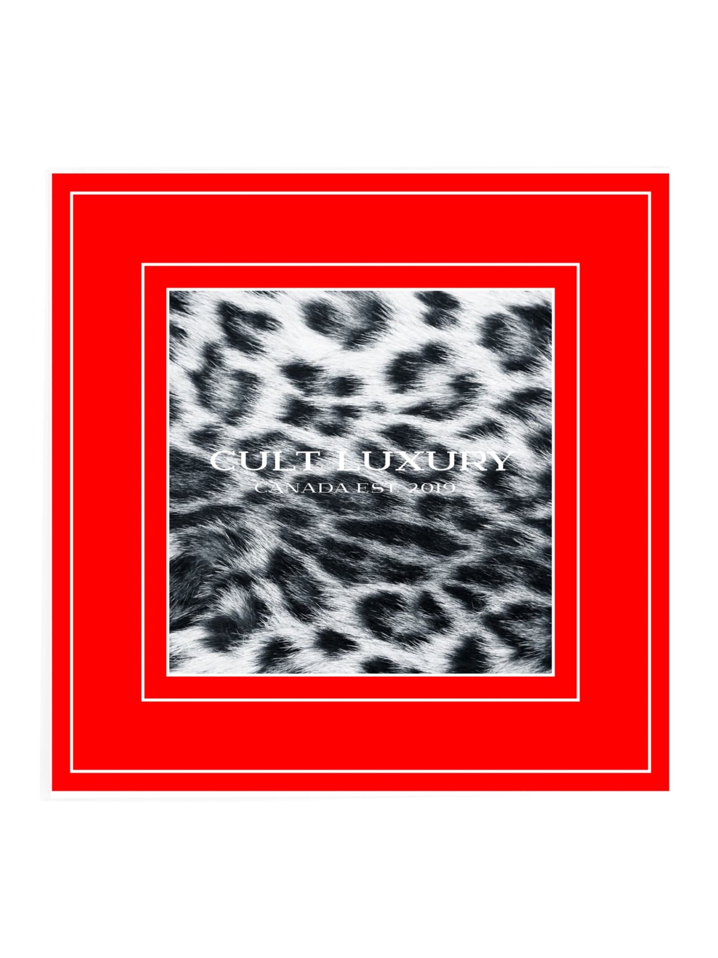 Flat view of the Red Snow Leopard 90 silk scarf with red border and snow leopard print by Cult Luxury.