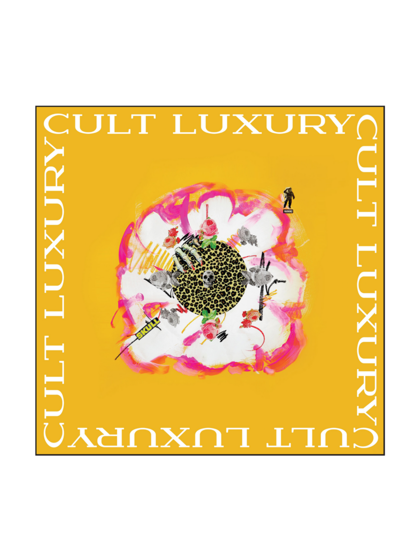 A flat lay of the Yellow Skull Silk Shawl 120 from Cult Luxury, featuring bold yellow tones, cheetah print details, and a chaotic collage inspired by contemporary and retro art styles.