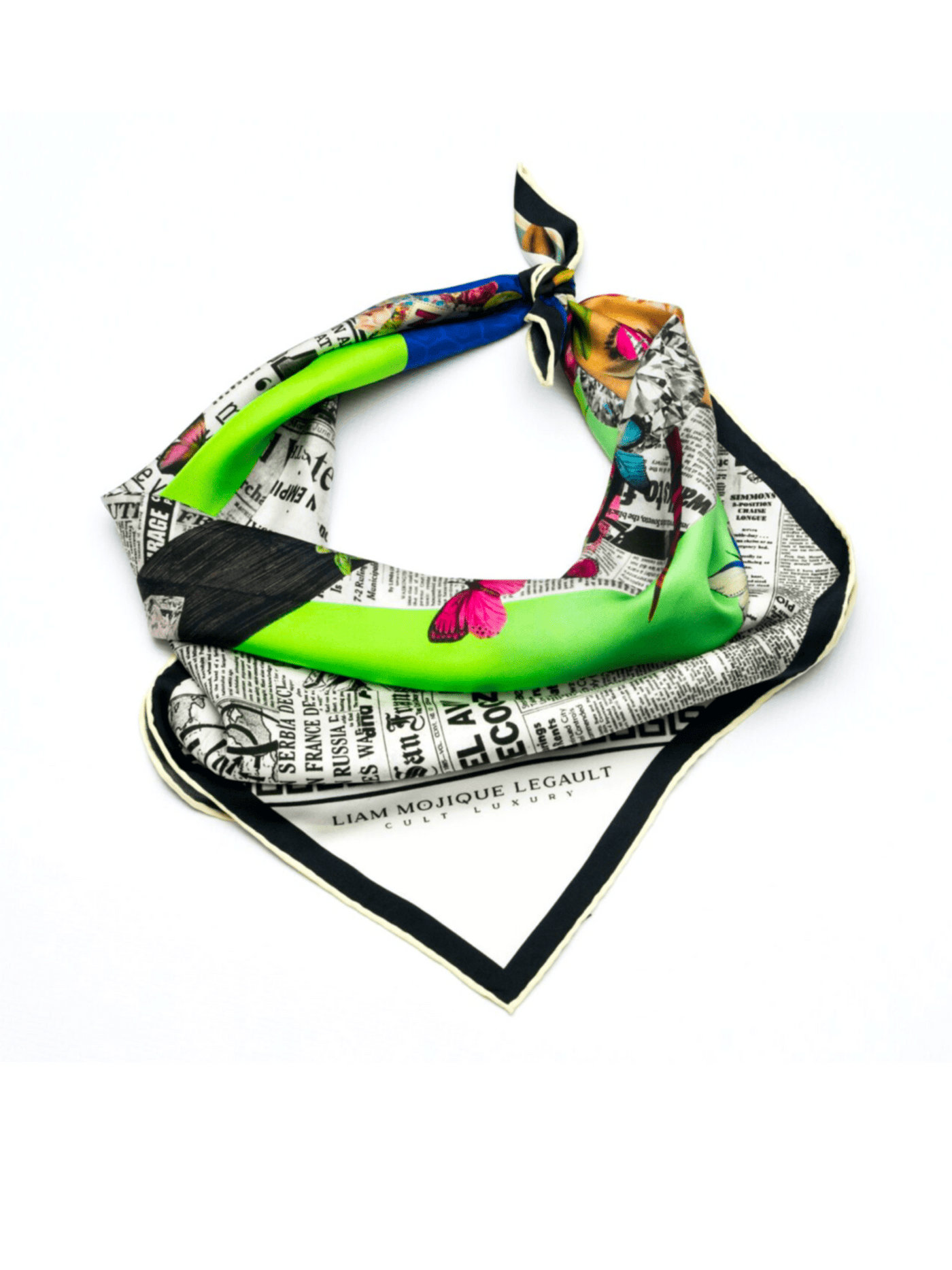 Butterfly Season 2 100% silk twill scarf in green, black, and newspaper print laid flat with vibrant butterfly and floral design.