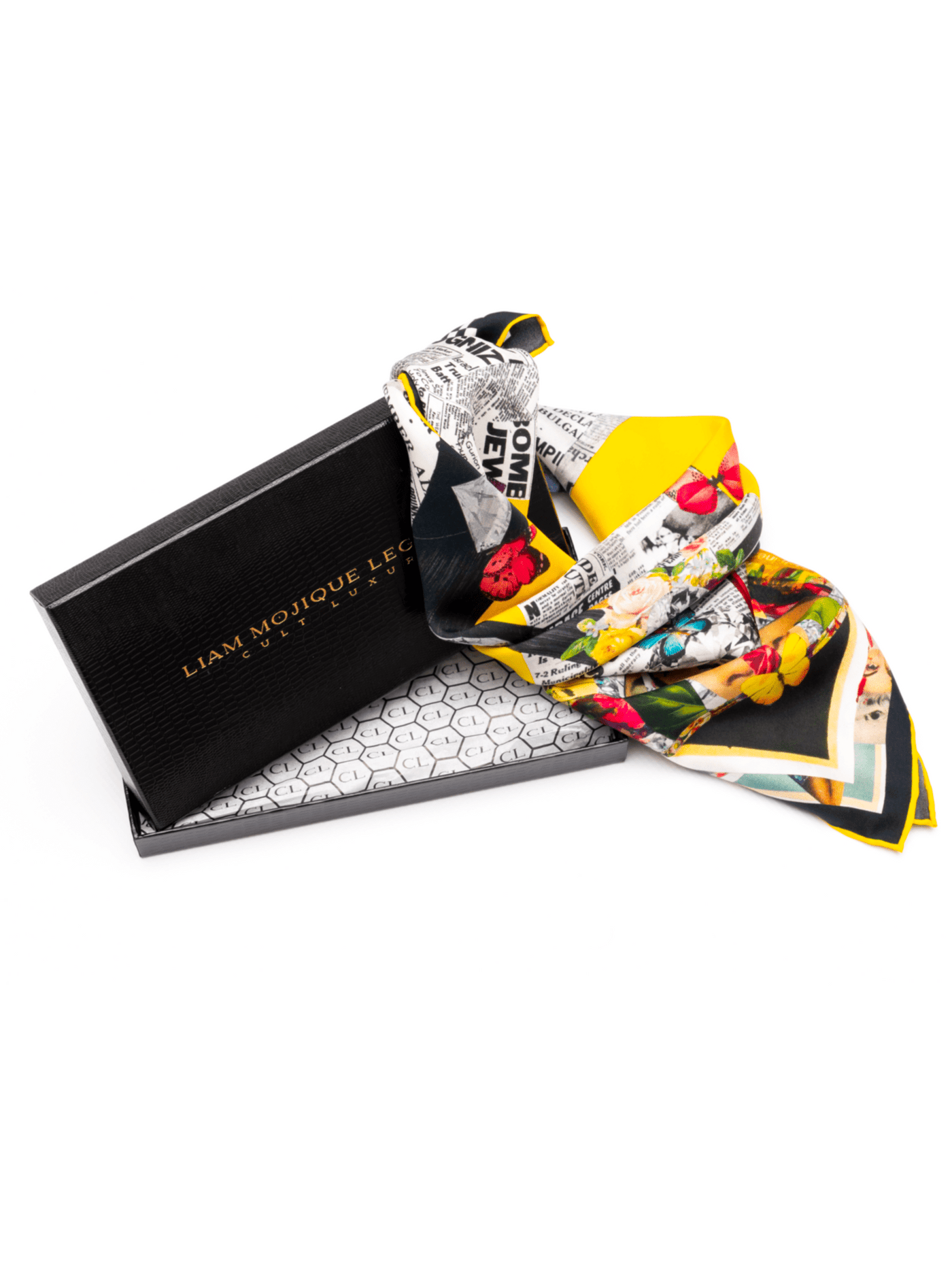 Butterfly Season luxury silk scarf 65 displayed in Cult Luxury’s signature black packaging, featuring bold newspaper prints, hand-rolled edges, and premium silk craftsmanship.