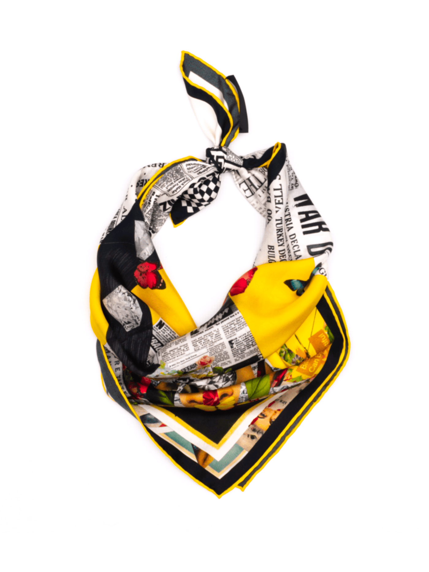 Butterfly Season hand-rolled silk scarf 65 elegantly knotted, showcasing luxury silk fabric with vivid yellow, black, and floral newspaper print details