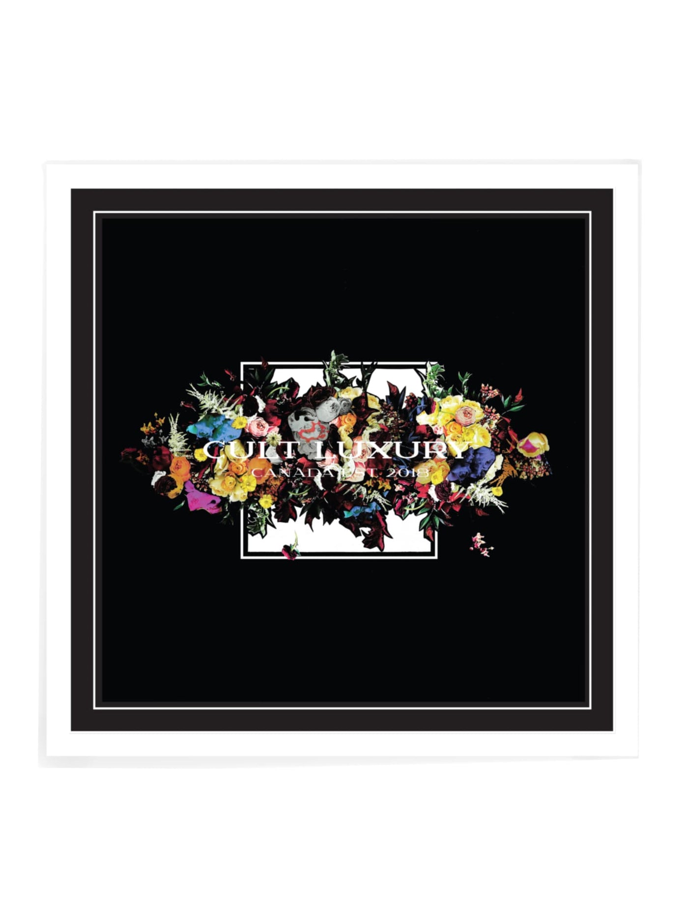 Cult Luxury Black Bouquet 90 silk scarf featuring a striking geometric bouquet of flowers against a black backdrop, framed by the Cult Luxury monogram border.