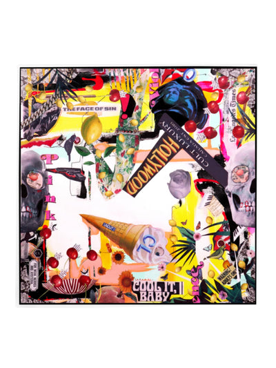 Cult Luxury Hollywood Hills 90 silk scarf showcasing vibrant collage artwork inspired by Hollywood’s rebellious spirit, featuring bold colors, iconic symbols, and chaotic charm on luxurious silk.