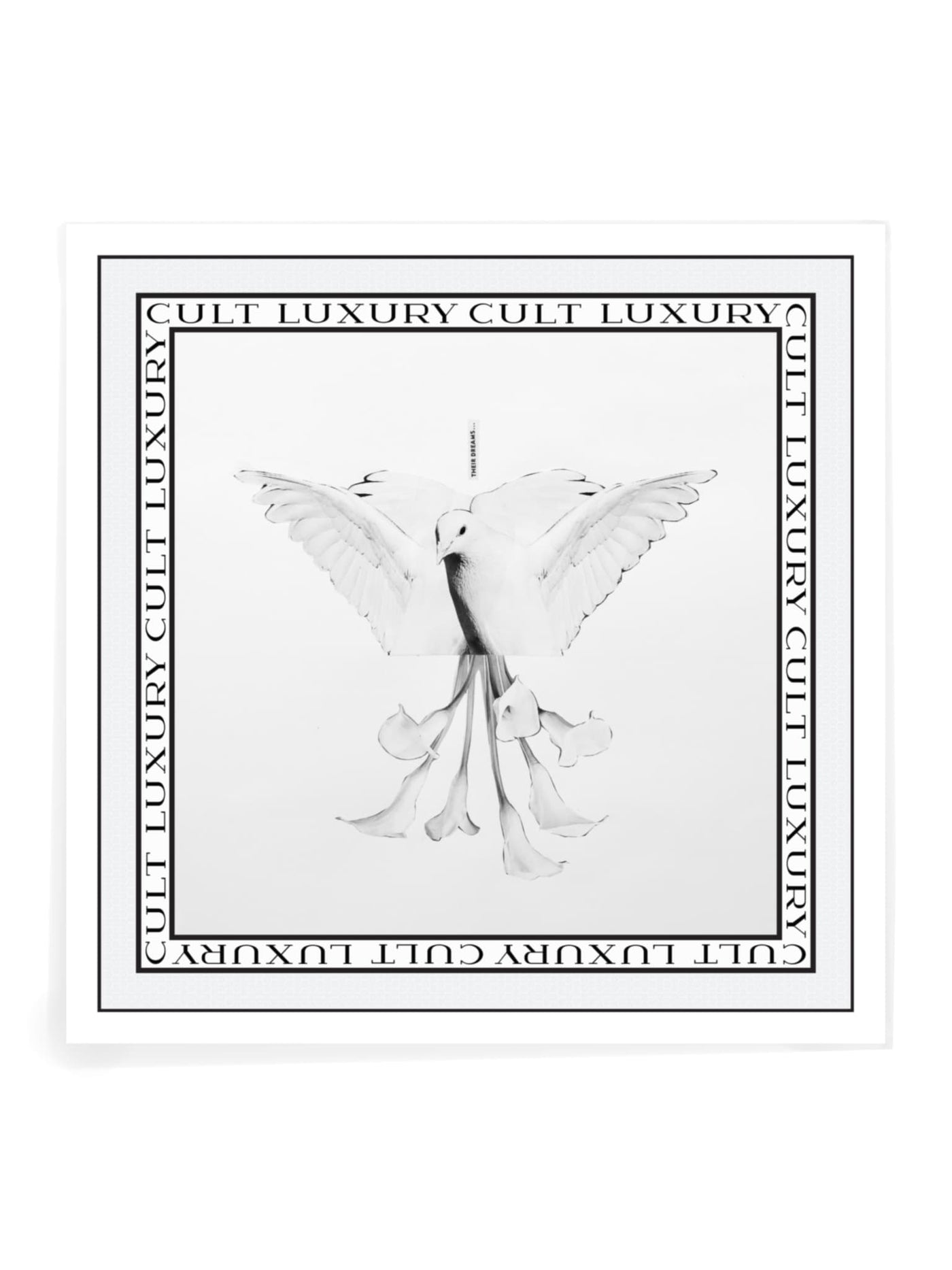 Cult Luxury White Lily silk scarf, featuring a graceful lily with intricate details, bordered by the classic Cult Luxury monogram for an elegant touch.