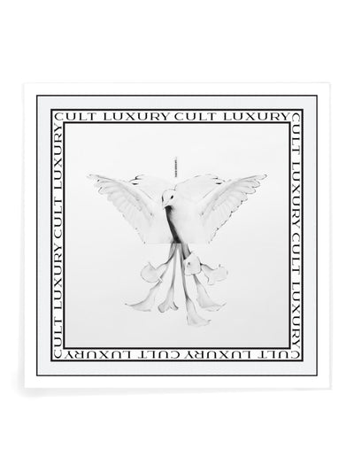 Cult Luxury White Lily silk scarf, featuring a graceful lily with intricate details, bordered by the classic Cult Luxury monogram for an elegant touch.