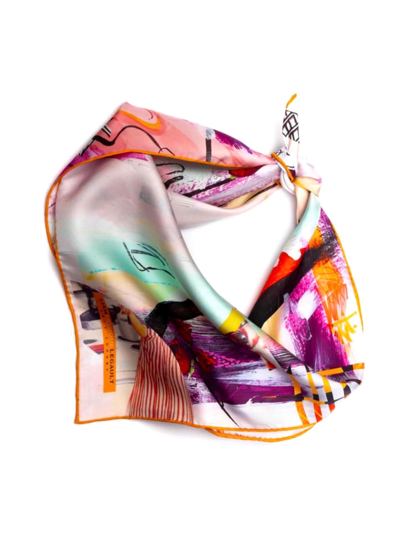 Flat lay of the “Humdinger 65” hand-rolled silk scarf with colorful abstract brushstroke design, featuring luxurious silk twill fabric