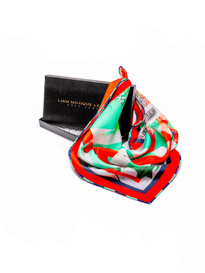 Kiss in the Dark 2 silk scarf by Cult Luxury displayed with its signature black storage box, crafted from premium silk twill