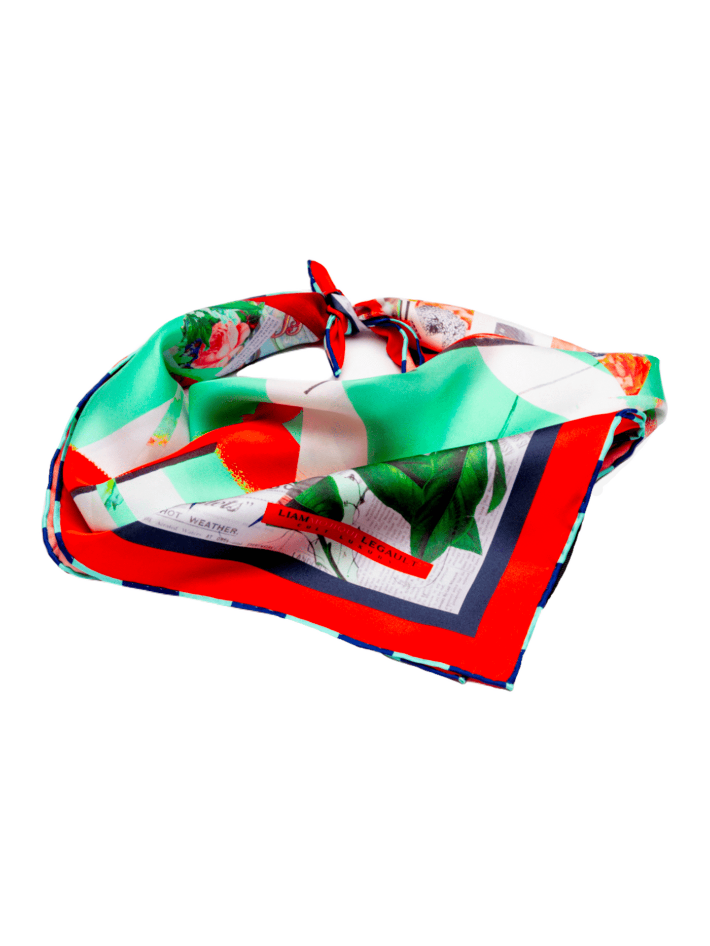 Folded Kiss in the Dark 2 luxury silk scarf with hand-rolled edges, featuring Cult Luxury’s colorful and artistic design in teal, red, and black