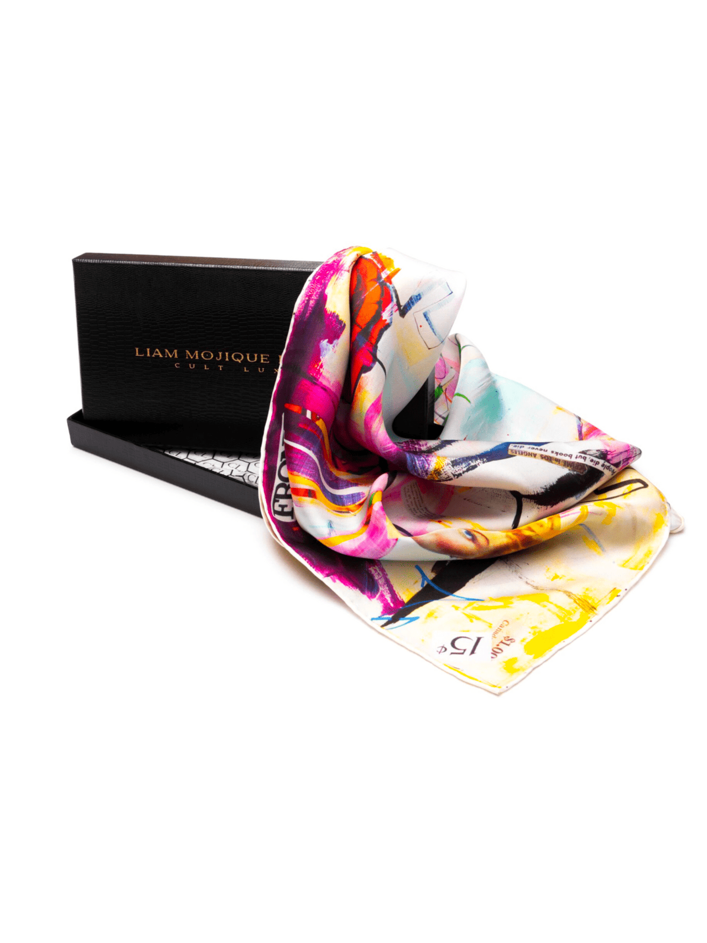 The Cult Luxury “More Taste Than Money 65” silk carré displayed with its branded luxury box. Hand-rolled edges, 100% silk, featuring a vibrant artistic design.