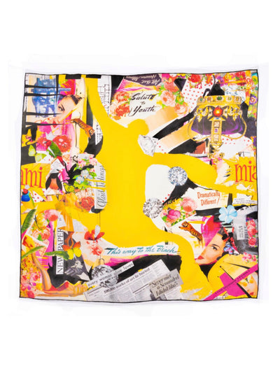 Salute to Youth 90 scarf by Cult Luxury - vibrant collage design on 18 momme silk twill.